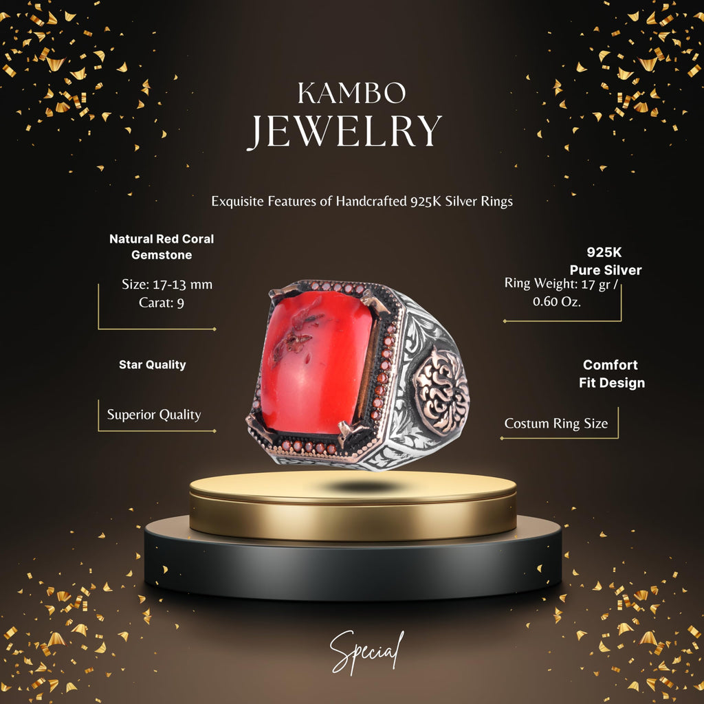 KAMBO Natural Red Coral Large Men's Ring - 925 Sterling Silver Rectangular Seal Ring, Handmade Vintage Jewelry — 2