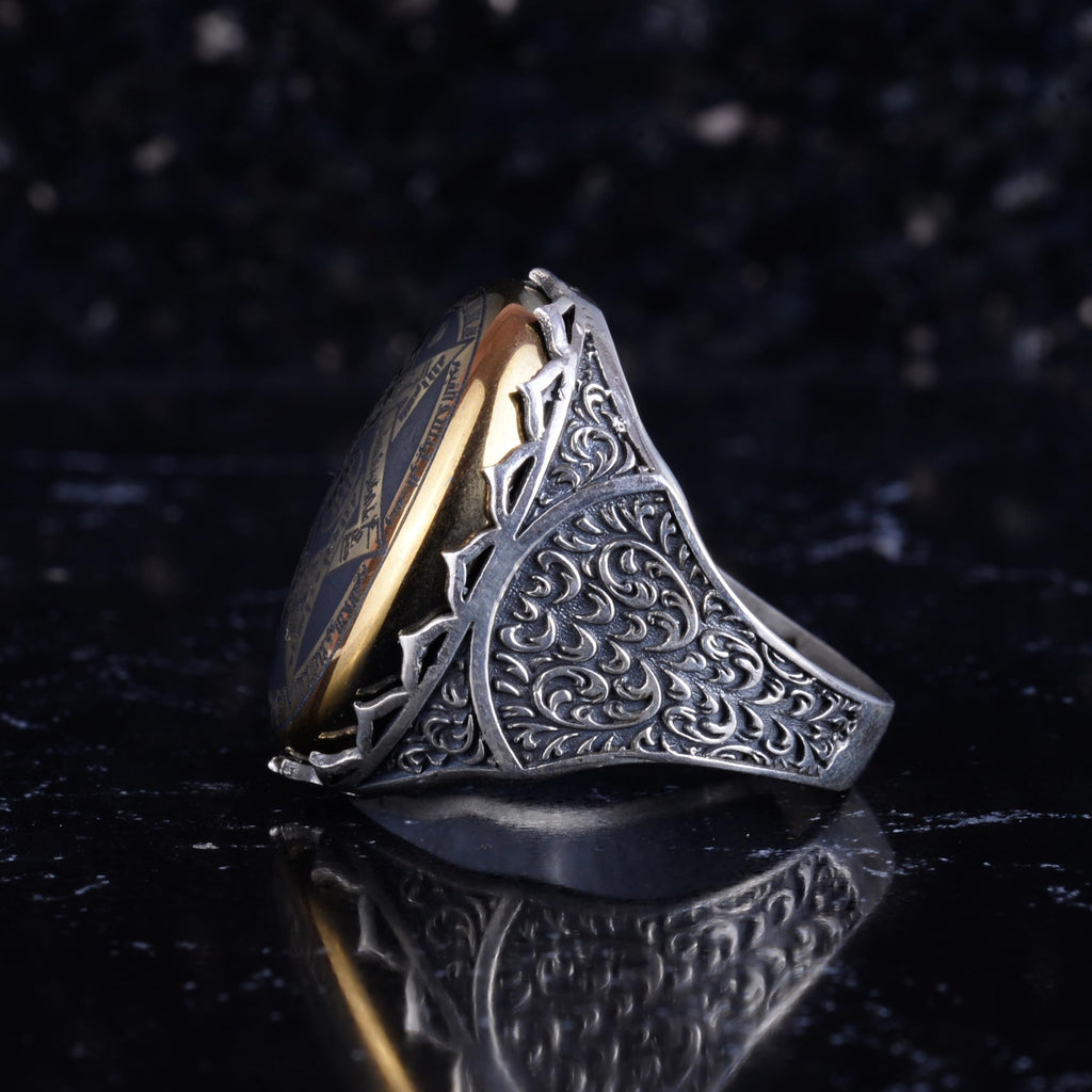 KAMBO Natural Hematite Stone Star of David Ring – 925 Sterling Silver Men's Large Oval Statement Ring – Ornate Carved Vintage Design — 8