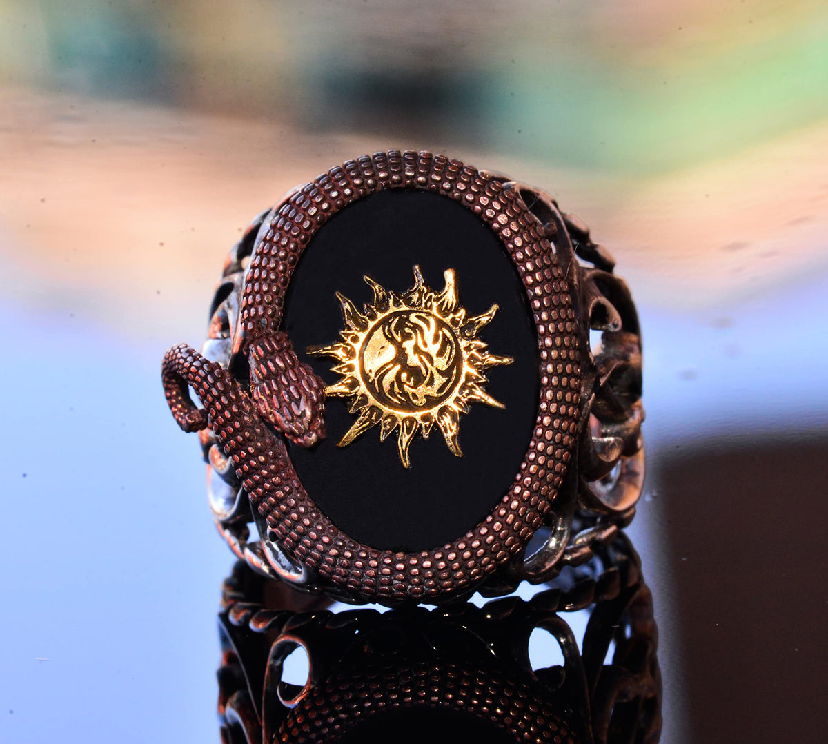 925 Sterling Silver Creamy Onyx Stone Men's Ring - Snake Pattern - Seal Ring (Sun) — 5