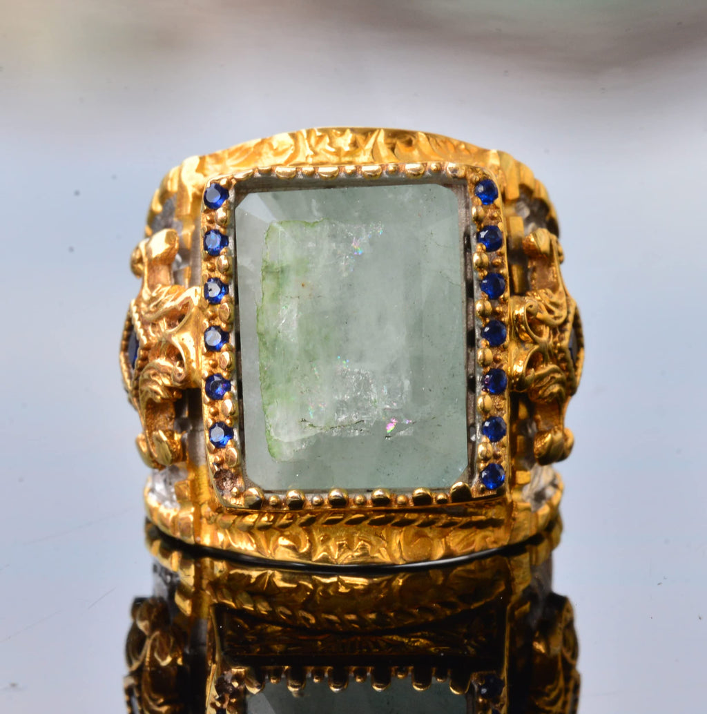 Natural Aquamarine Stone Handmade Ring, Gold Plated Silver Men's Ring - Symbol of Serenity and Courage — 3