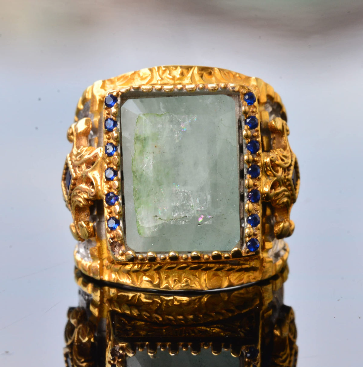 Natural Aquamarine Stone Handmade Ring, Gold Plated Silver Men's Ring - Symbol of Serenity and Courage — 3