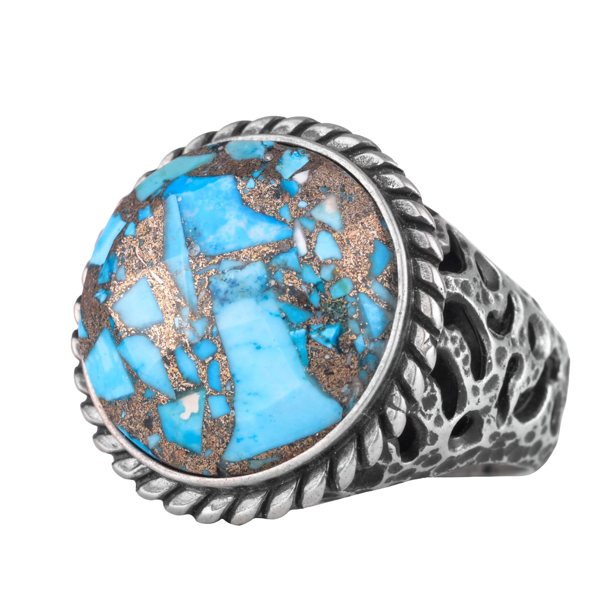 Natural Turquoise Stone Silver Men's Ring, Bold Design