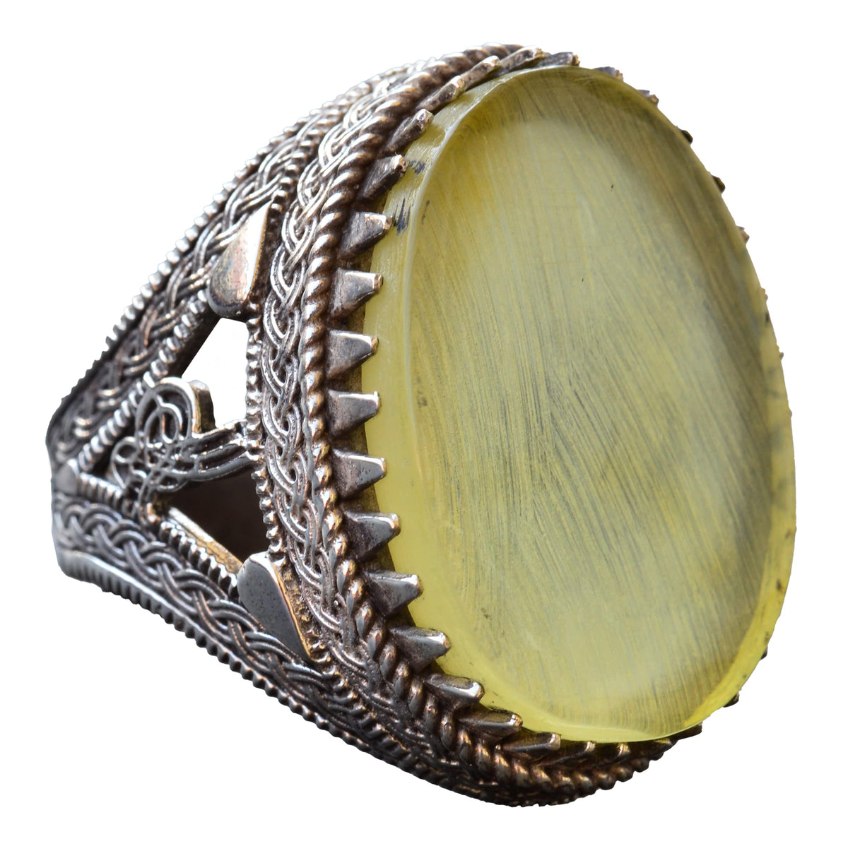Ottoman Silver Ring with Natural Raw Amber Stone