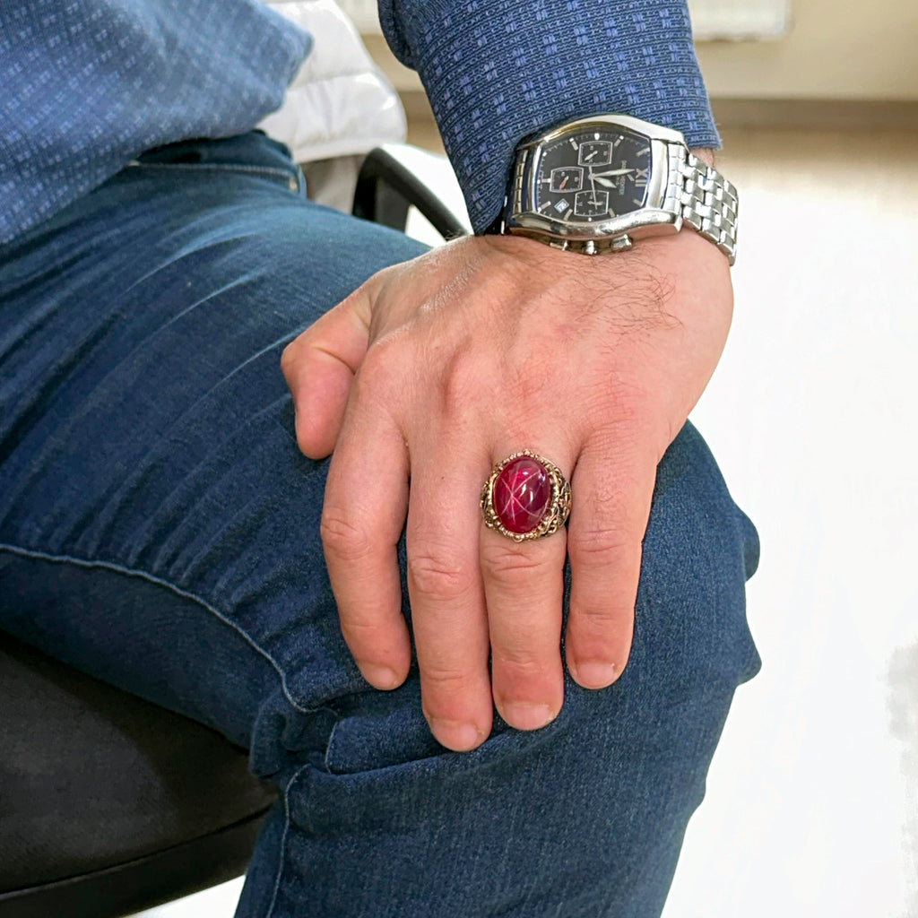Nautical Anchor Ring - Natural Star Ruby Stone 925 Sterling Silver Men's Ring — 3