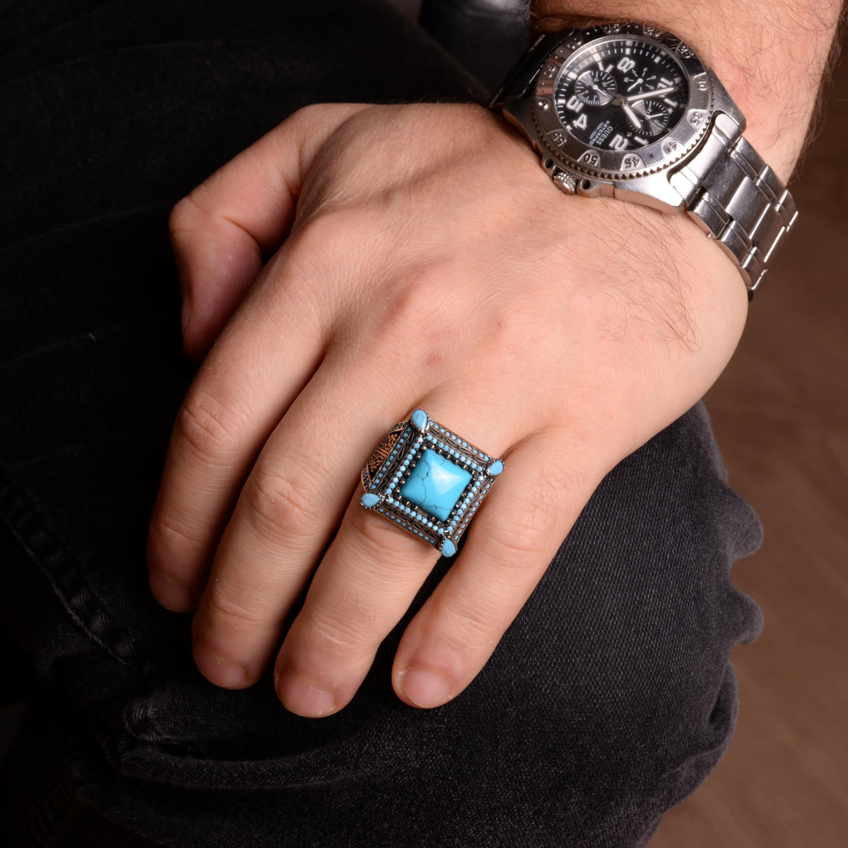925 Sterling Silver Turquoise Stone Men's Ring - Vintage Style, Handmade Jewelry — 3