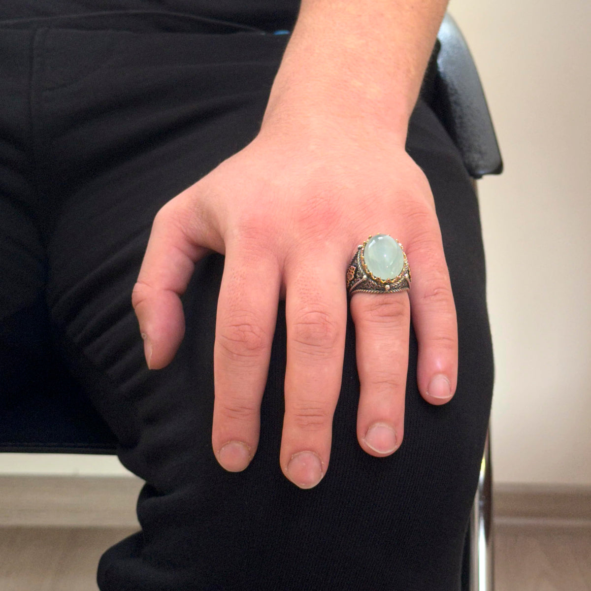 Natural Cabochon Aquamarine Stone Ring, 925 Sterling Silver Men's Ring — 3
