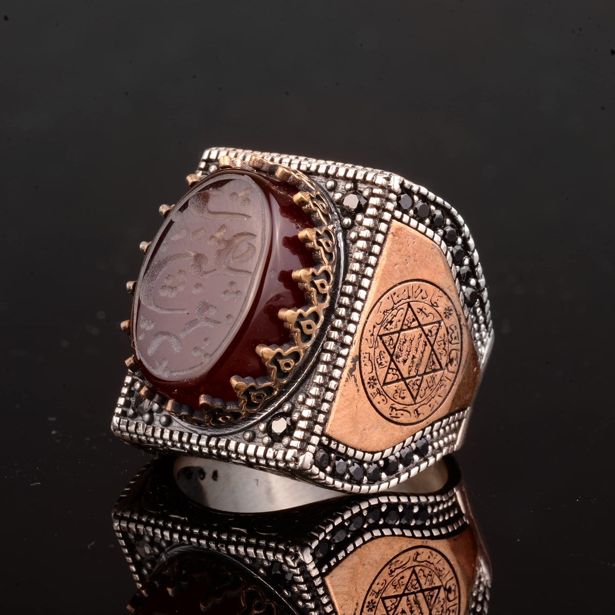 925 Sterling Silver Men's Ring, Islamic Men's Ring, Muslim Ring, Natural Agate Stone — 4