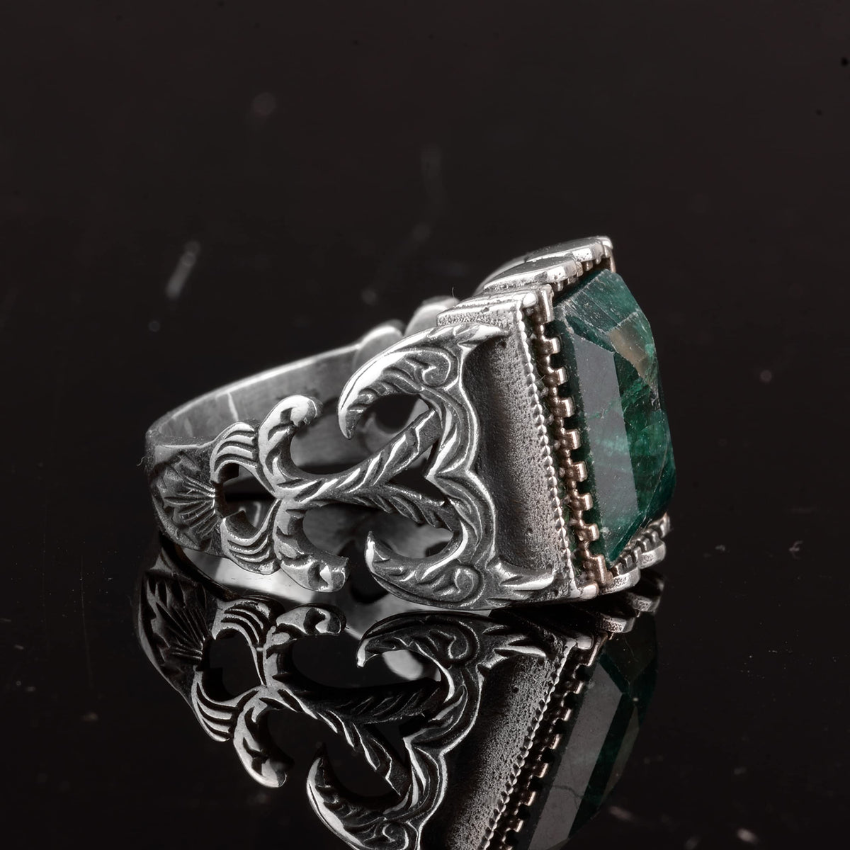 925 Sterling Silver Ring - Natural Emerald Stone — 4