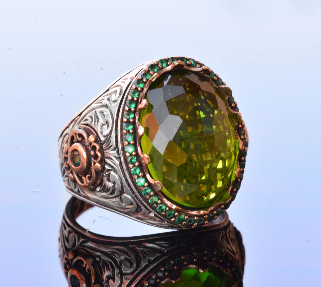 Handmade Silver Men's Ring | Green Artificial Peridot Stone | Renewal and Goodness Design — 3