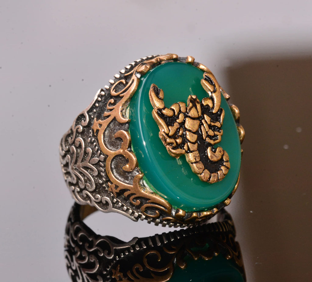 925 Sterling Silver Ring - Symbols Ring - Green Agate Stone Ring (Scorpion) — 3
