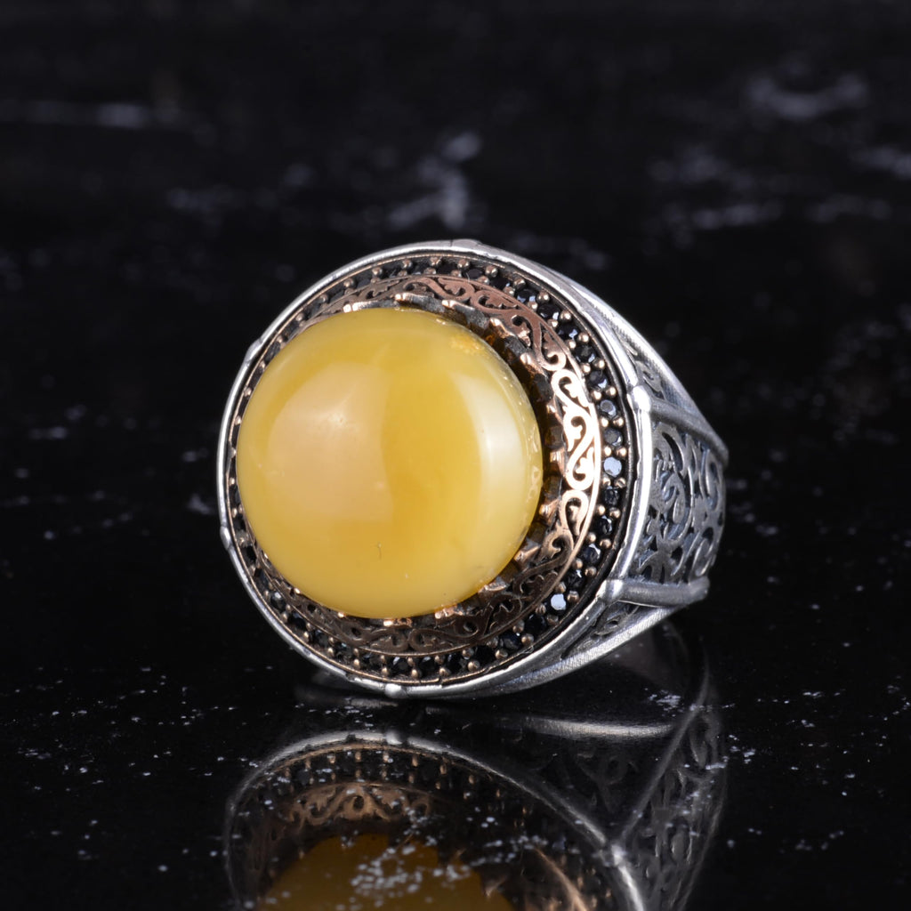 KAMBO Stone 925 Sterling Silver Men's Round Ring with Bronze Detail Vintage Ottoman Style Handmade Silver Ring (Amber) — 4