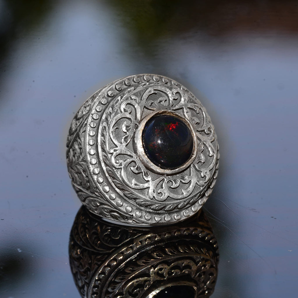KAMBO Handmade Natural Australian Opal Men's Ring, Large Statement Gemstone Ring in 925 Sterling Silver, Unique Vintage 