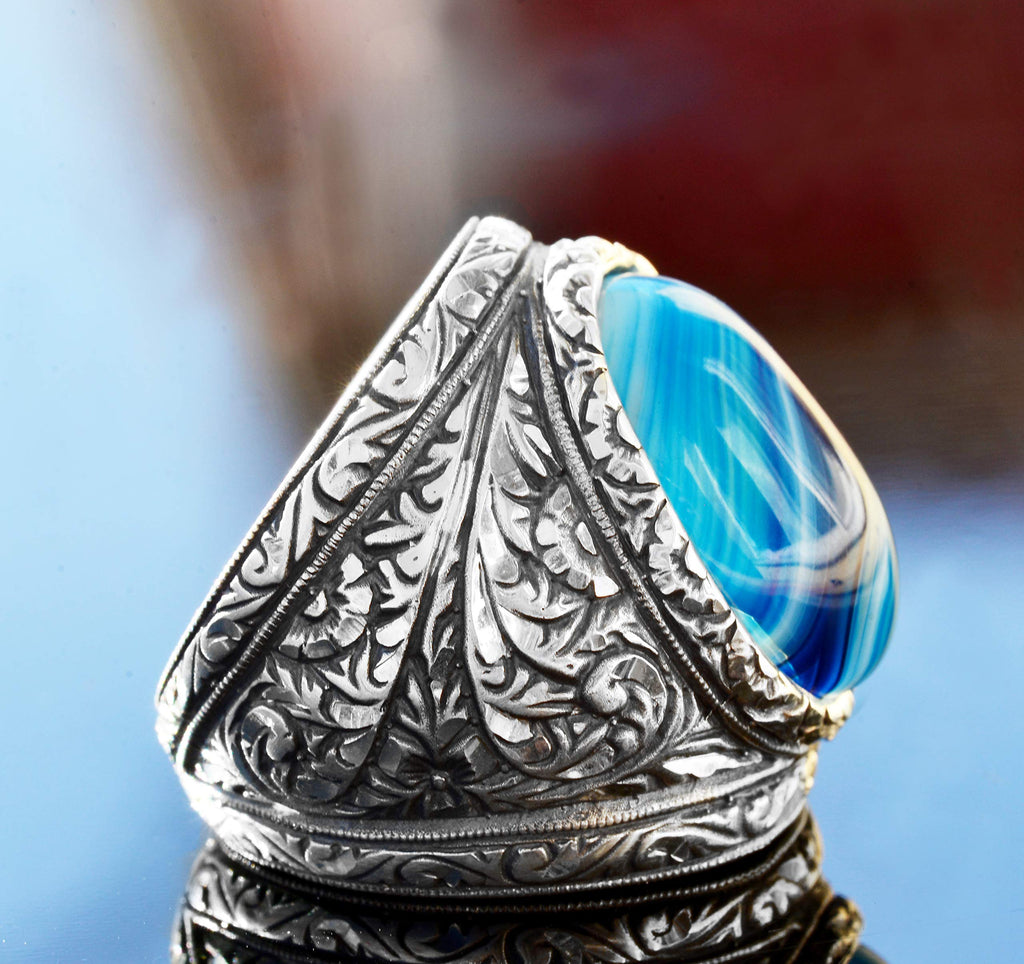 KAMBO 925 Sterling Silver Men's Big Ring, Natural Blue Agate Silver Ring, Steel Pen Craft Design — 4