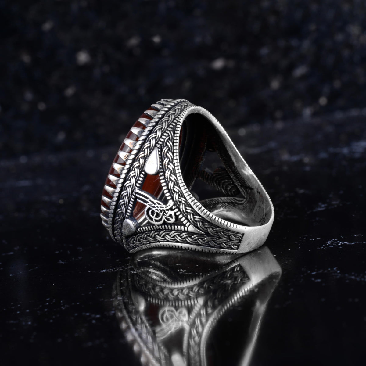 KAMBO Natural Agate Engraved Ottoman Tugra Style Seal Ring 925 Sterling Silver Large Men's Ring Oval Red Stone Handmade Vintage Design (Arabic Calligraphy) — 7