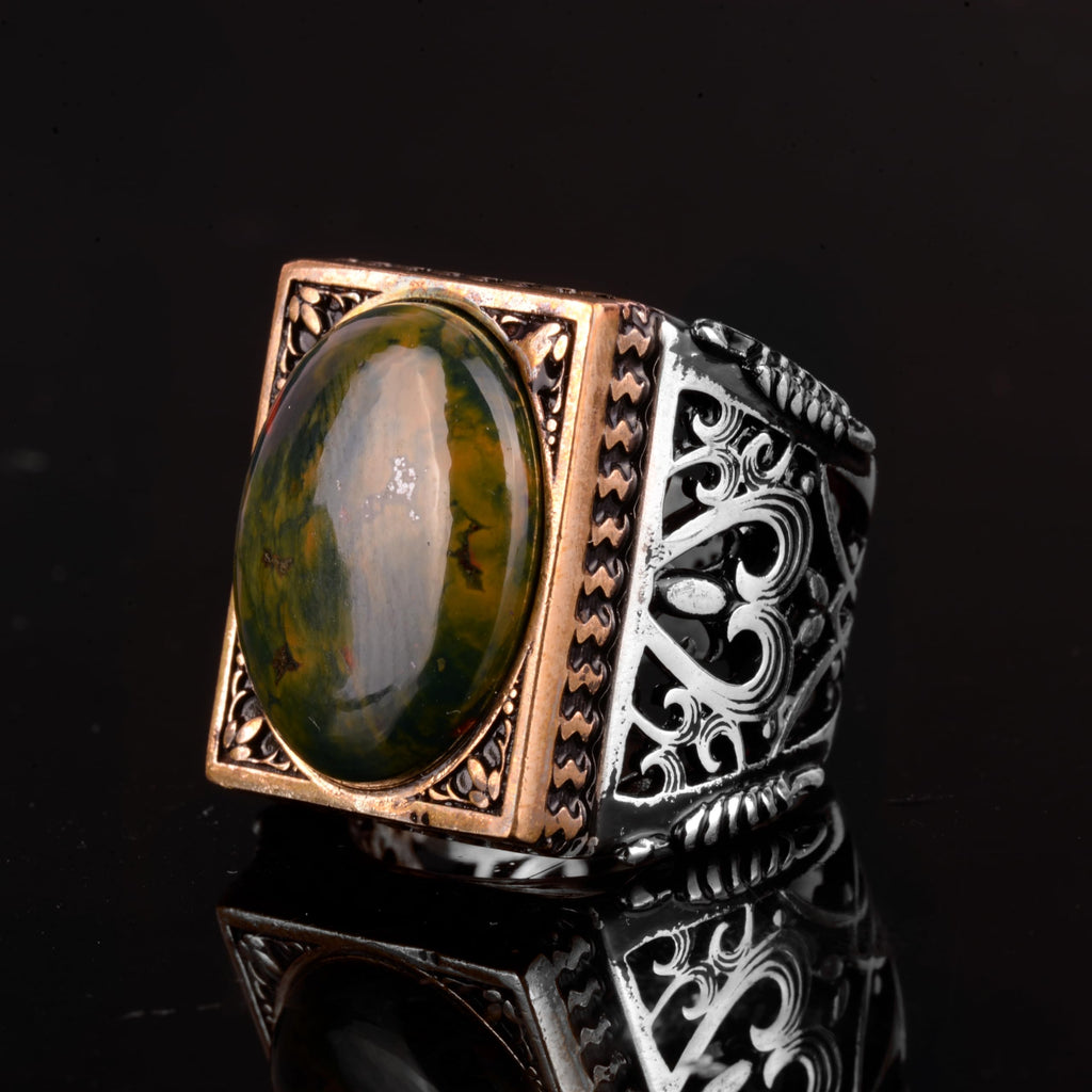 Falcon Jewelry KAMBO Handmade 925 Sterling Silver Bloodstone Falcon Ring for Men, Vintage Adjustable Gemstone Statement 