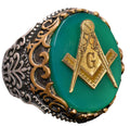 925 Sterling Silver Men's Ring - Symbolic Ring - Green Agate Stone Ring (Masonic)