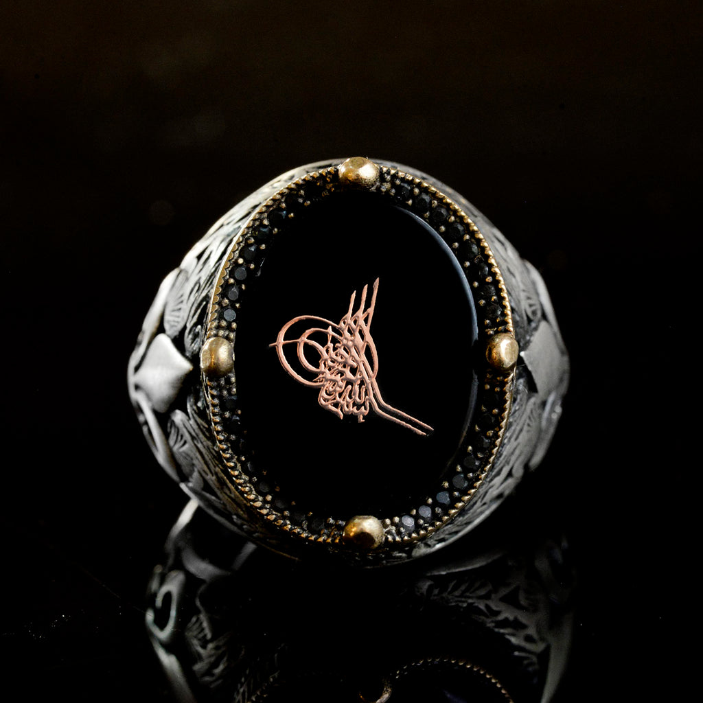 Handmade Black Onyx Stone Ring, 925 Sterling Silver Men's Ring, Turkish Tughra Design — 5
