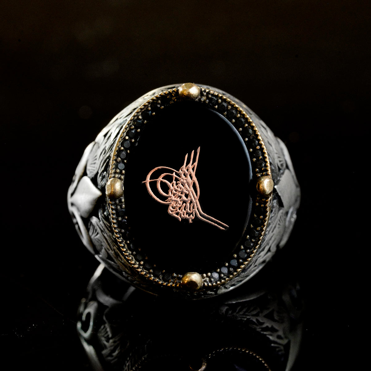 Handmade Black Onyx Stone Ring, 925 Sterling Silver Men's Ring, Turkish Tughra Design — 5