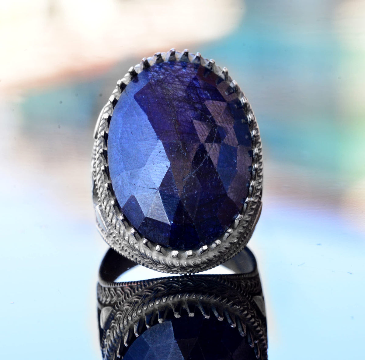 Handmade Natural Stone Ring, 925 Sterling Silver Men's Ring - Showy Design (Blue Sapphire) — 5