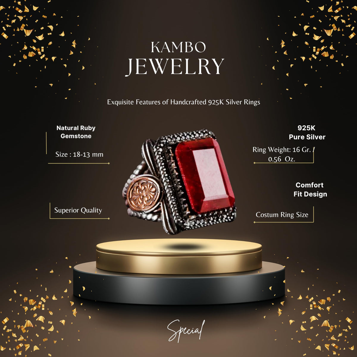 KAMBO 925 Sterling Silver Ring, Natural Ruby Gemstone Ring — 2