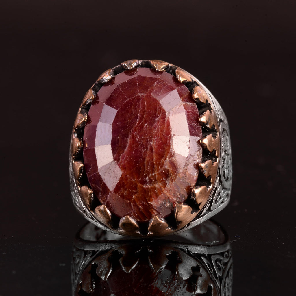 Falcon Jewelry Handmade 925 Sterling Silver Men’s Ring with Natural Ruby Gemstone, Art Deco Falcon Design, Vintage State