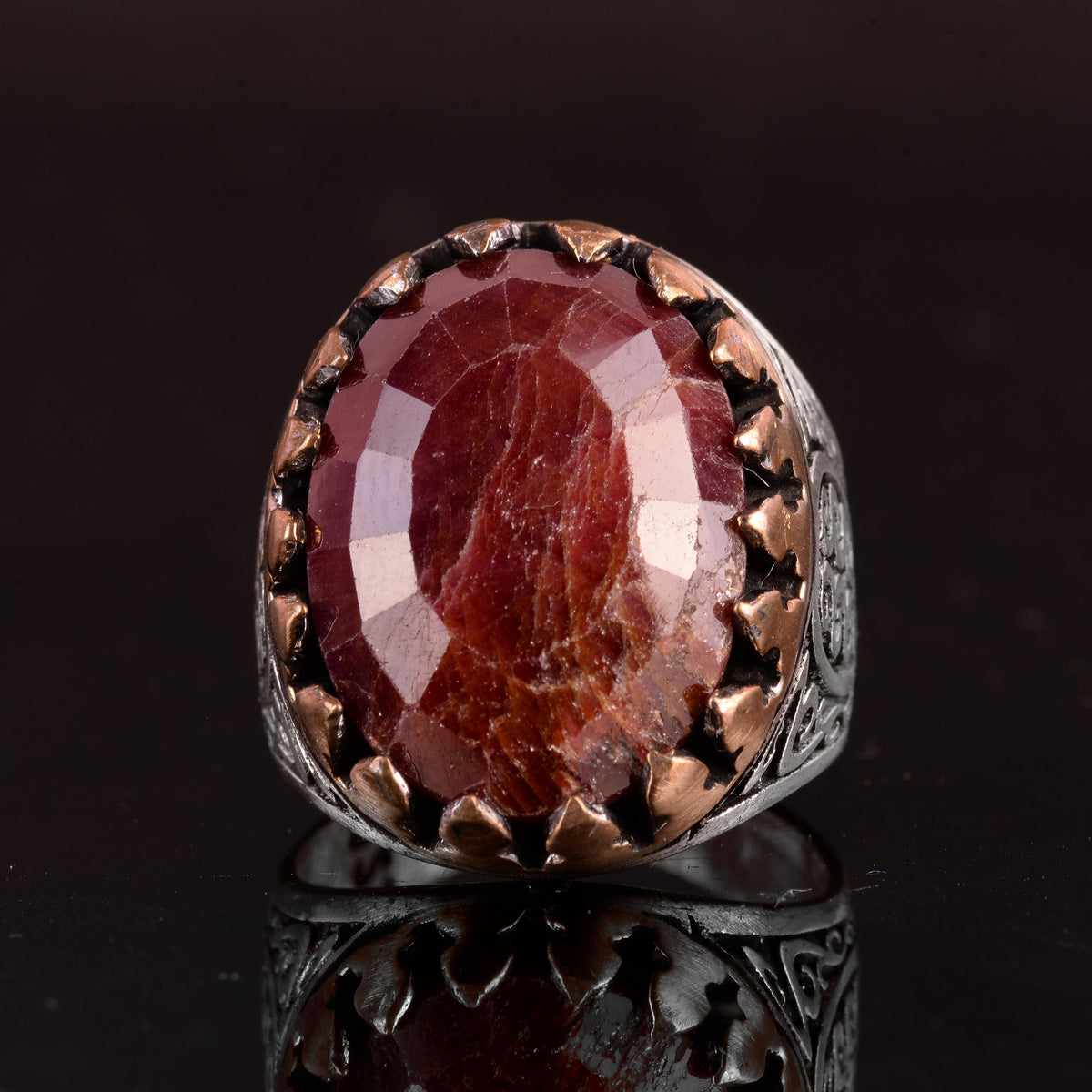 Falcon Jewelry Handmade 925 Sterling Silver Men’s Ring with Natural Ruby Gemstone, Art Deco Falcon Design, Vintage State