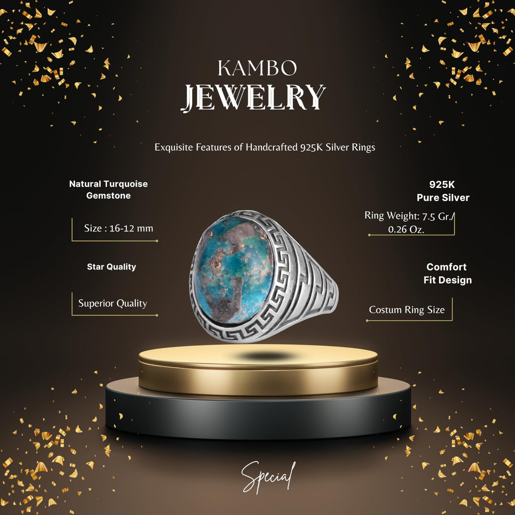 KAMBO Men's Natural Turquoise Stone Ring – 925 Sterling Silver Ring with Maze Side Designs – Handmade Minimalist Descriptive Jewelry (Style-1) — 2
