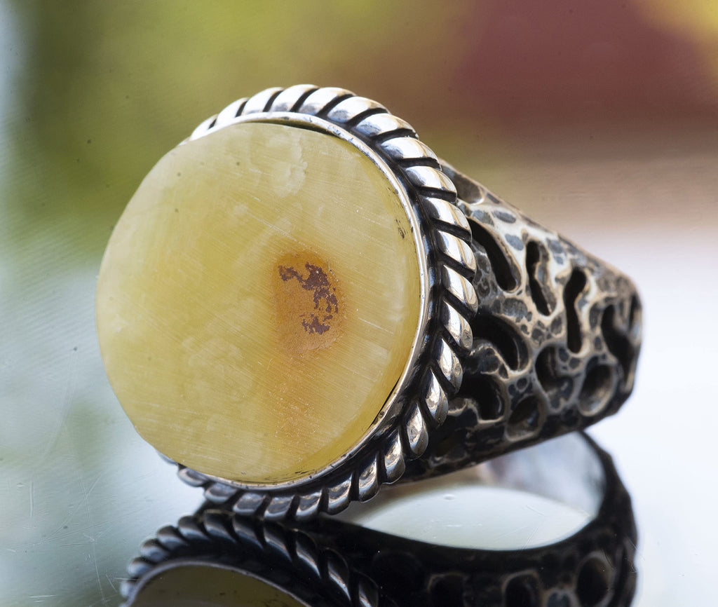 Natural Baltic Amber Stone Ring - 925 Sterling Silver Men's Ring — 3