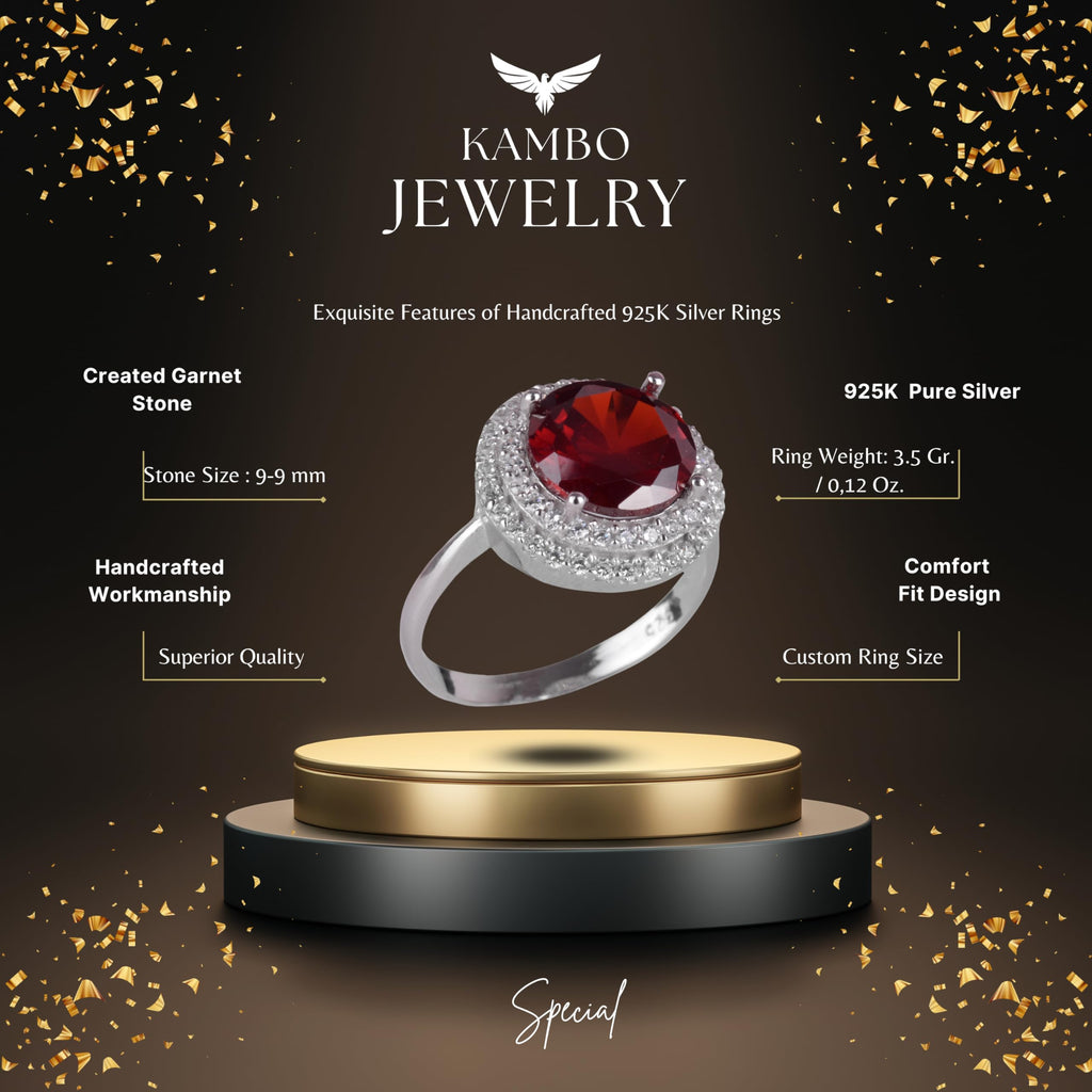 Kambo Synthetic Stone Handcrafted Ring - 925 Sterling Silver Women's Ring, Round Cut (Synthetic Garnet) — 2