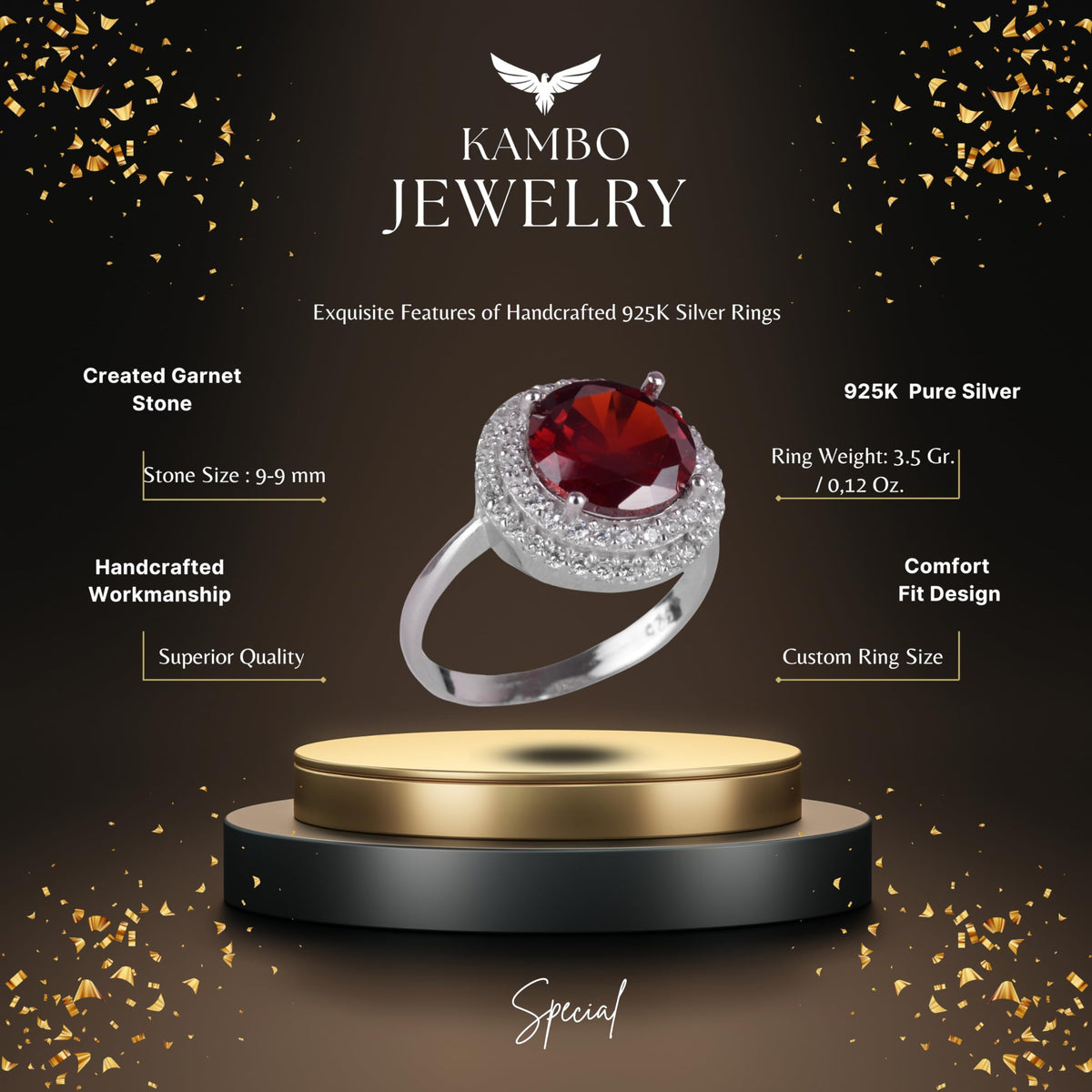 Kambo Synthetic Stone Handcrafted Ring - 925 Sterling Silver Women's Ring, Round Cut (Synthetic Garnet) — 2