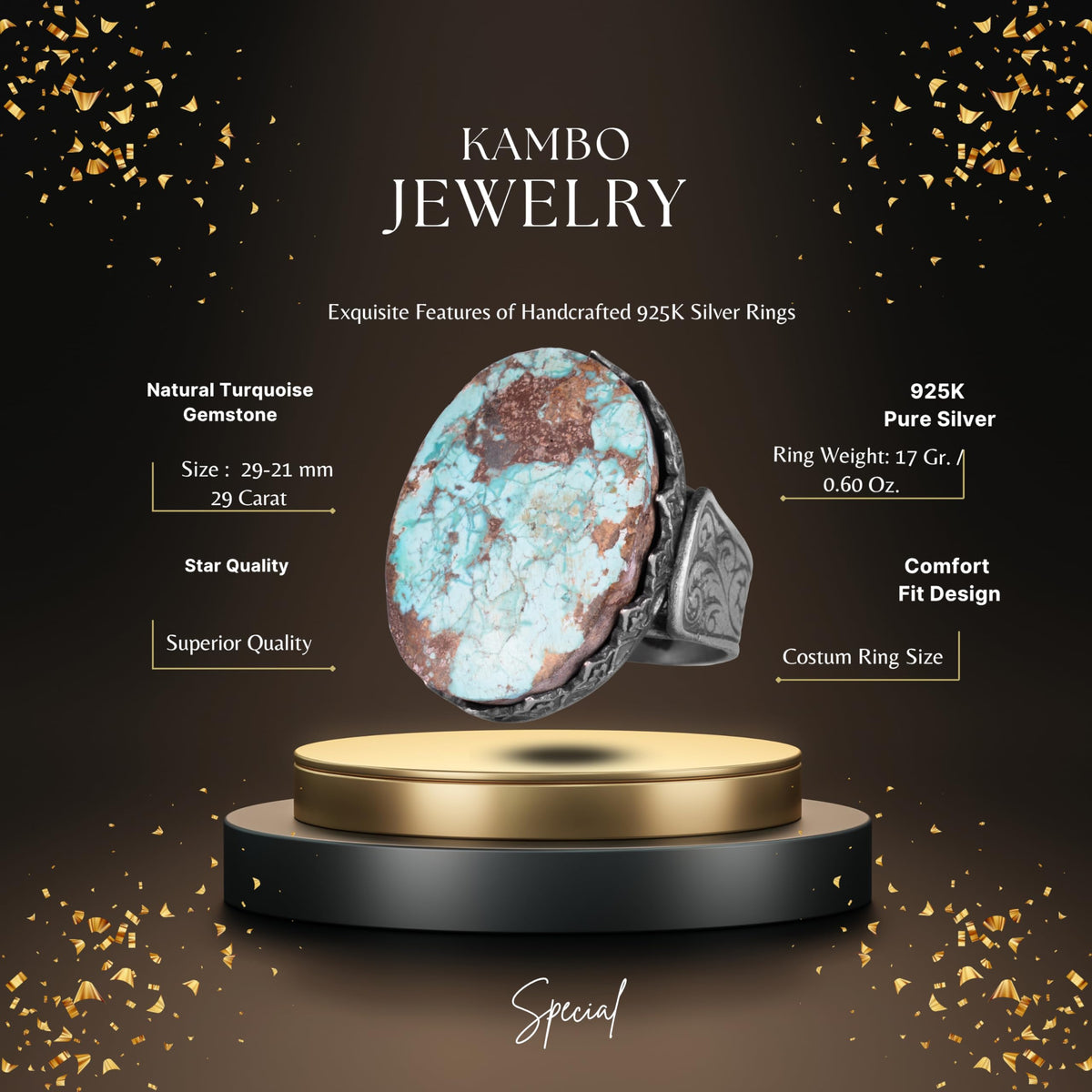 KAMBO 925 Sterling Silver Natural Turquoise Stone Large Men's Ring – Handmade Spiritual Healing Jewelry (Style-7) — 2