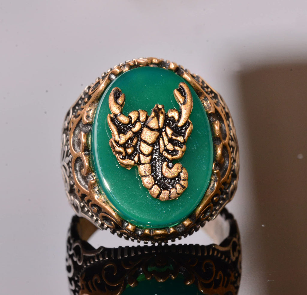 925 Sterling Silver Ring - Symbols Ring - Green Agate Stone Ring (Scorpion) — 5