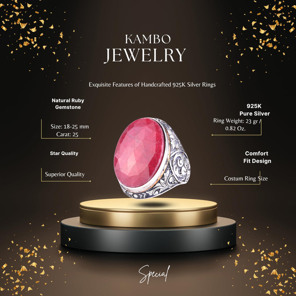KAMBO Natural Ruby Stone Large Ring for Men - Faceted Oval Vintage Engraved Statement Ring - 925 Sterling Silver Handmade Men's Jewelry — 2