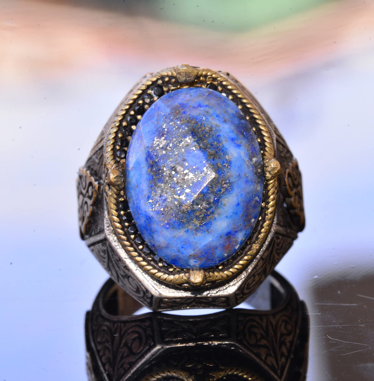 Handmade Vintage Design Emerald Ring - 925 Sterling Silver Men's Ring with Gold Accents (Sodalite) — 5