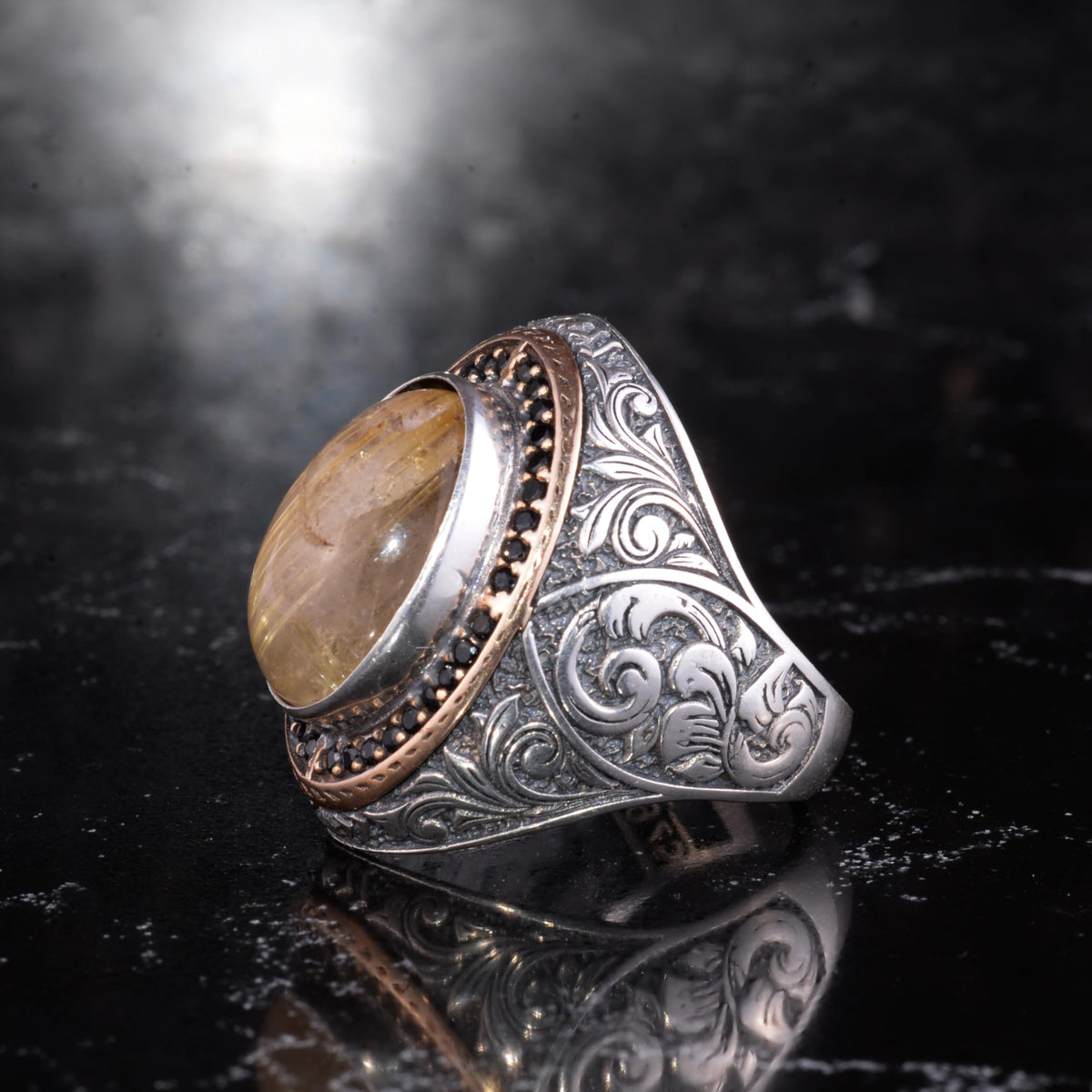 Men's Natural Stone Large Ring – Oval Stone Vintage Byzantine Engraved Description Ring – Antique Filigree 925 Sterling Silver Jewelry (Golden Rutilated Quartz) — 5