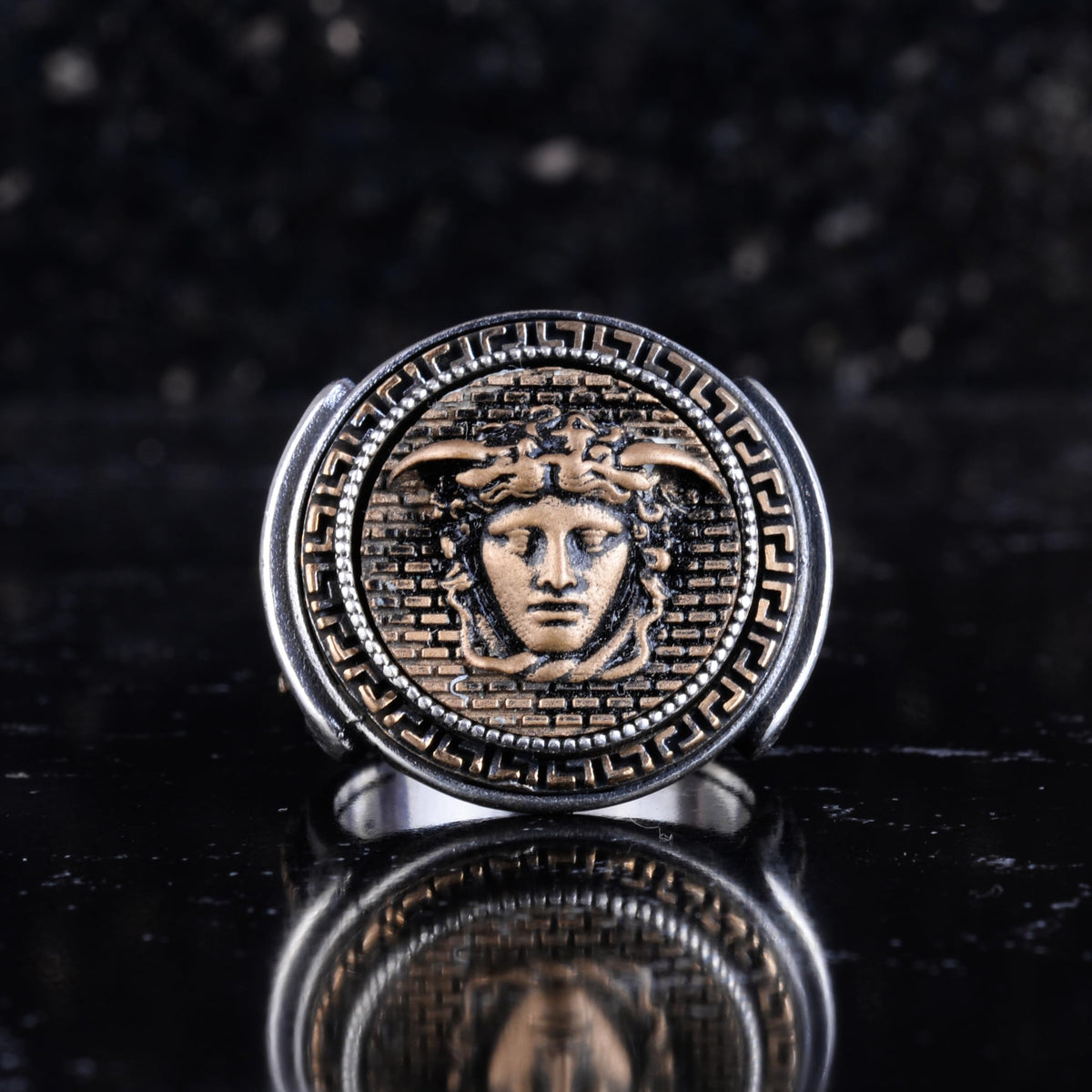 KAMBO Handmade Vintage Medusa Head Ring for Men – 925 Sterling Silver Gothic Statement Jewelry with Bronze Details, Symb