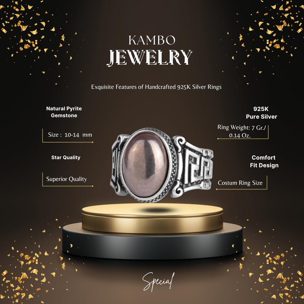 KAMBO 925 Sterling Silver Men’s Ring with Pyrite – Handmade Vintage Labyrinth Pattern Statement Ring