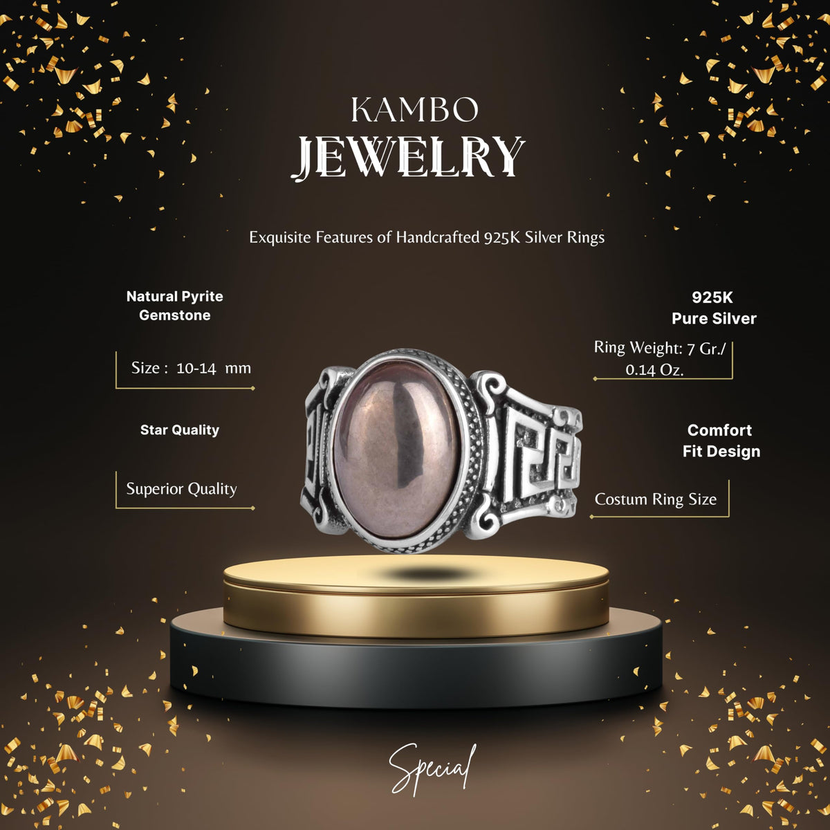 KAMBO 925 Sterling Silver Men’s Ring with Pyrite – Handmade Vintage Labyrinth Pattern Statement Ring