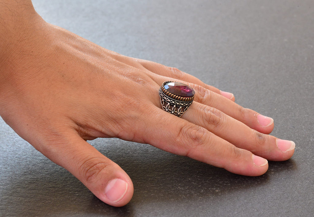 Silver Men's Ring with Natural Garnet Stone — 8