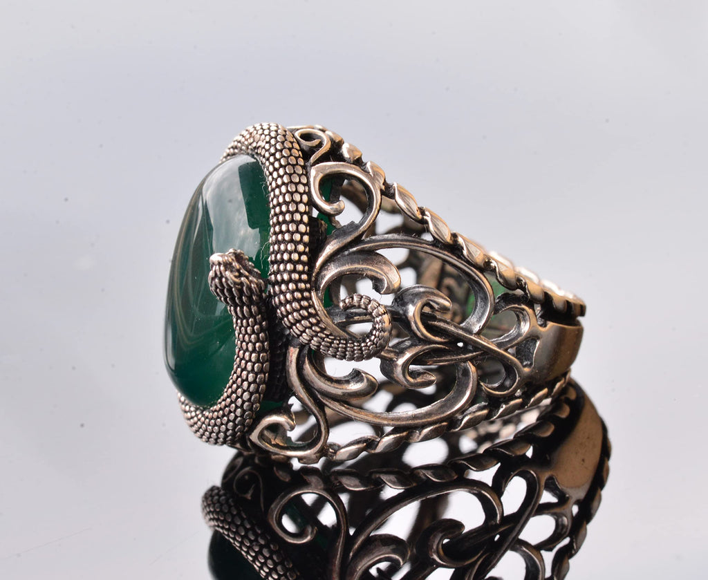 Handcrafted Snake Design Ring, Natural Jade Stone Silver Men's Ring - Symbol of Wisdom and Protection — 5