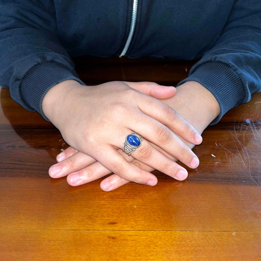 KAMBO 925 Sterling Silver Natural Stone Men's Ring – Labyrinth Pattern Handmade Vintage Statement Ring (Star Sapphire) — 3