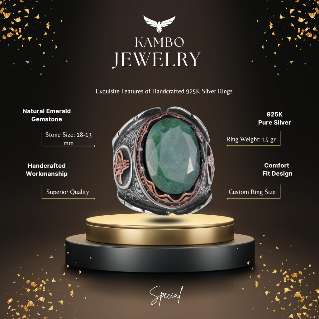 Ottoman Tugra Silver Ring, Natural Stone Ring, 925 Sterling Silver Ring (Emerald) — 2