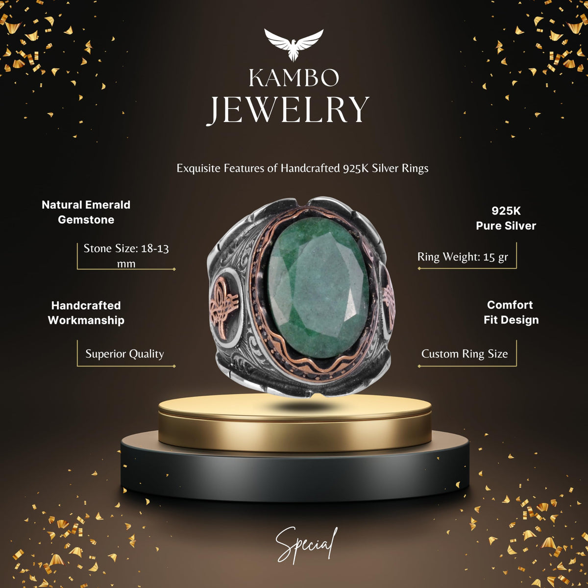 Ottoman Tugra Silver Ring, Natural Stone Ring, 925 Sterling Silver Ring (Emerald) — 2