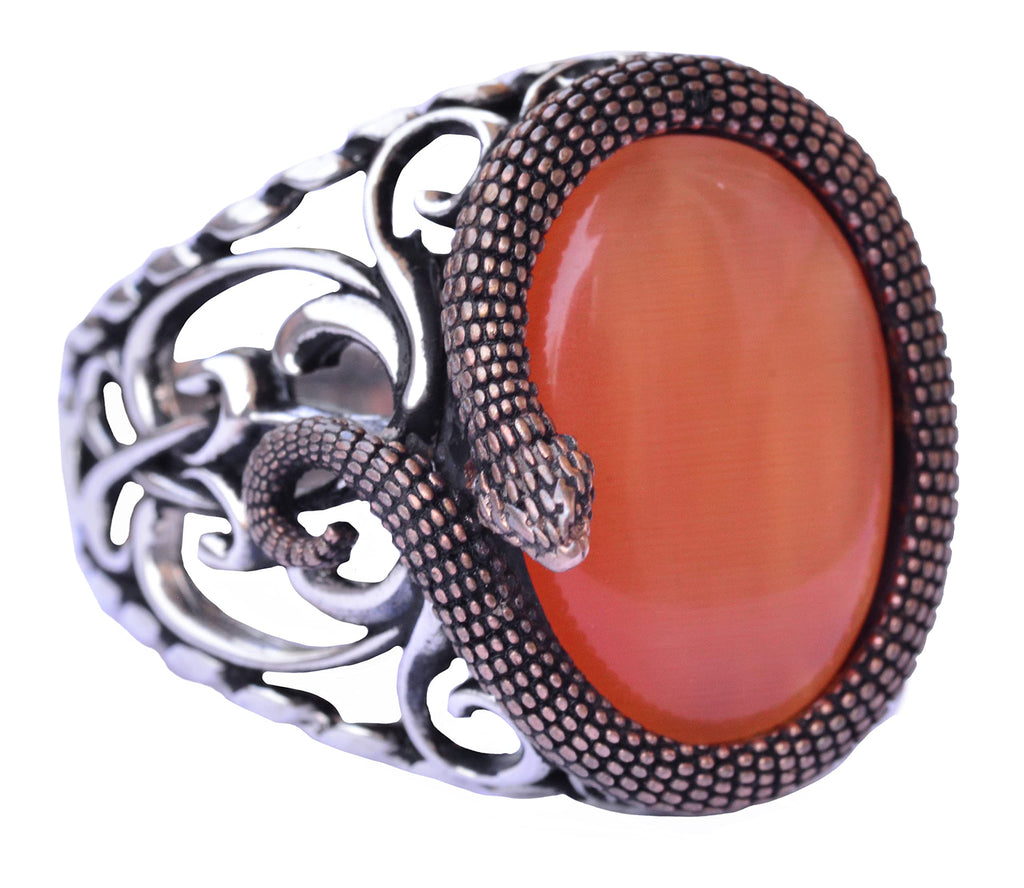 KAMBO Sophisticated Snake Ornamented 925 Sterling Silver Men's Gemstone Ring Collection - Various and Vibrant (Orange Cat's Eye Created Stone)