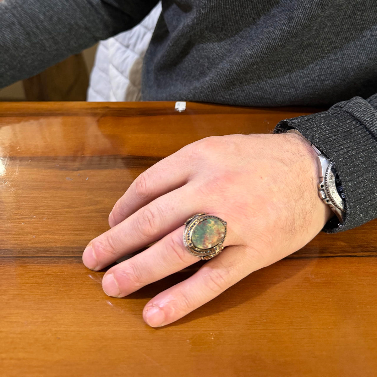 KAMBO Natural Green Turquoise Handmade Ring for Men 925 Sterling Silver Statement Ring Vintage Ottoman Style Thick Masculine Jewelry Gift — 3