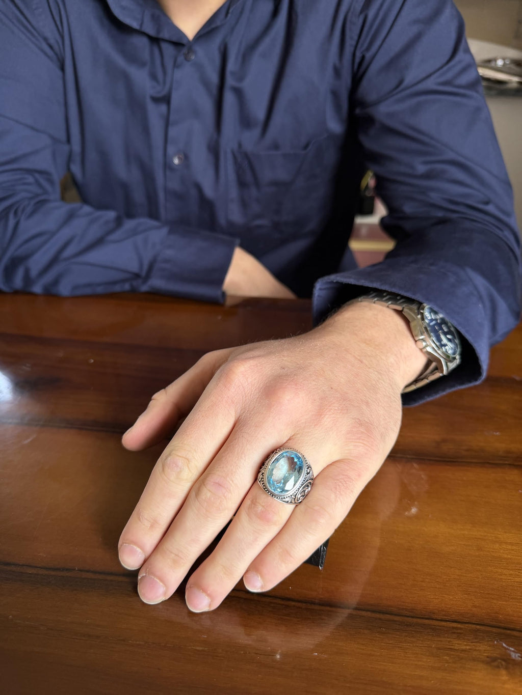 KAMBO Natural Swiss Blue Topaz Stone Ring 925 Sterling Silver Men's Ring Certified Oval Faceted Stone Handmade Vintage Design — 4