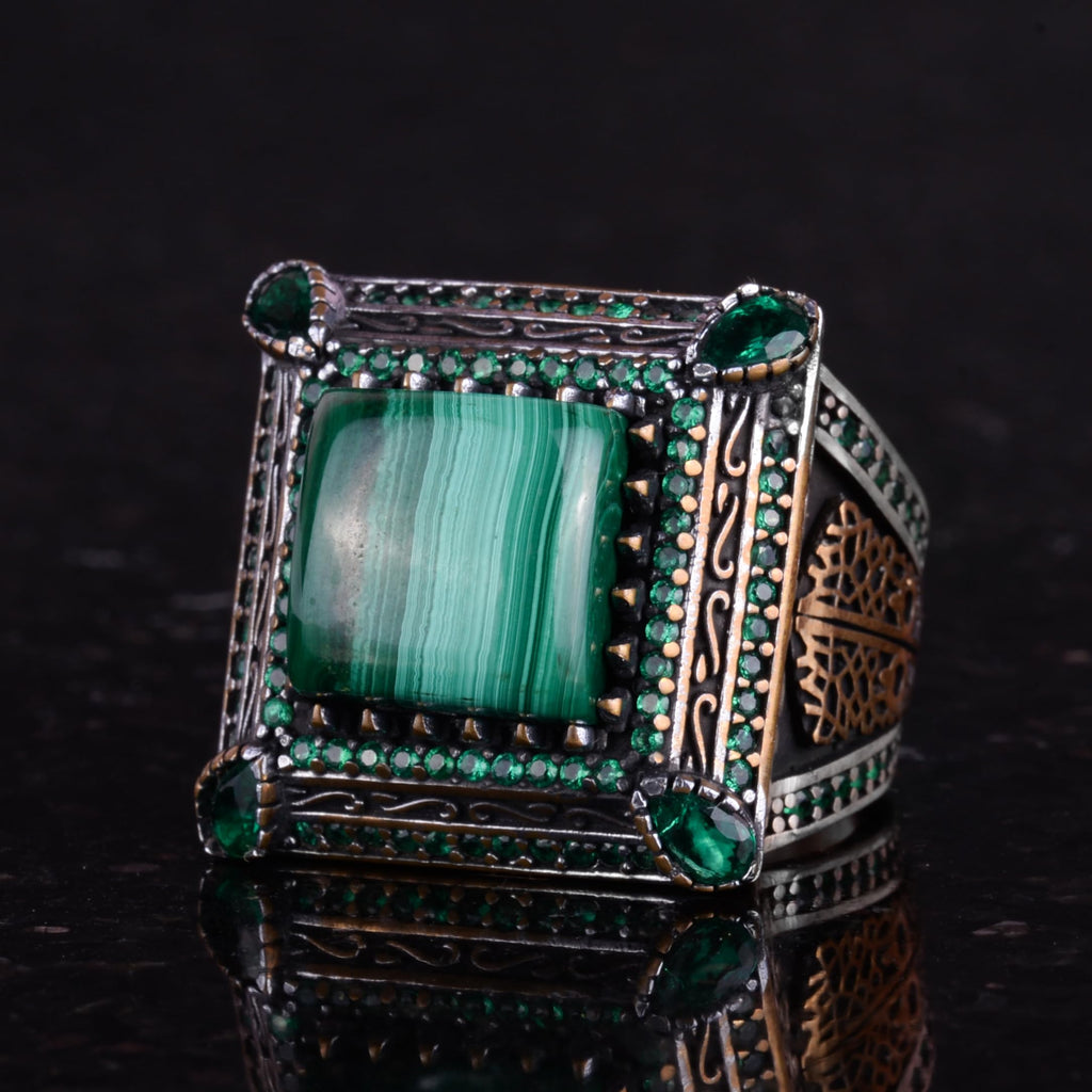 925 Sterling Silver Men's Ring - Natural Malachite Stone, Luxurious and Unique Design — 6