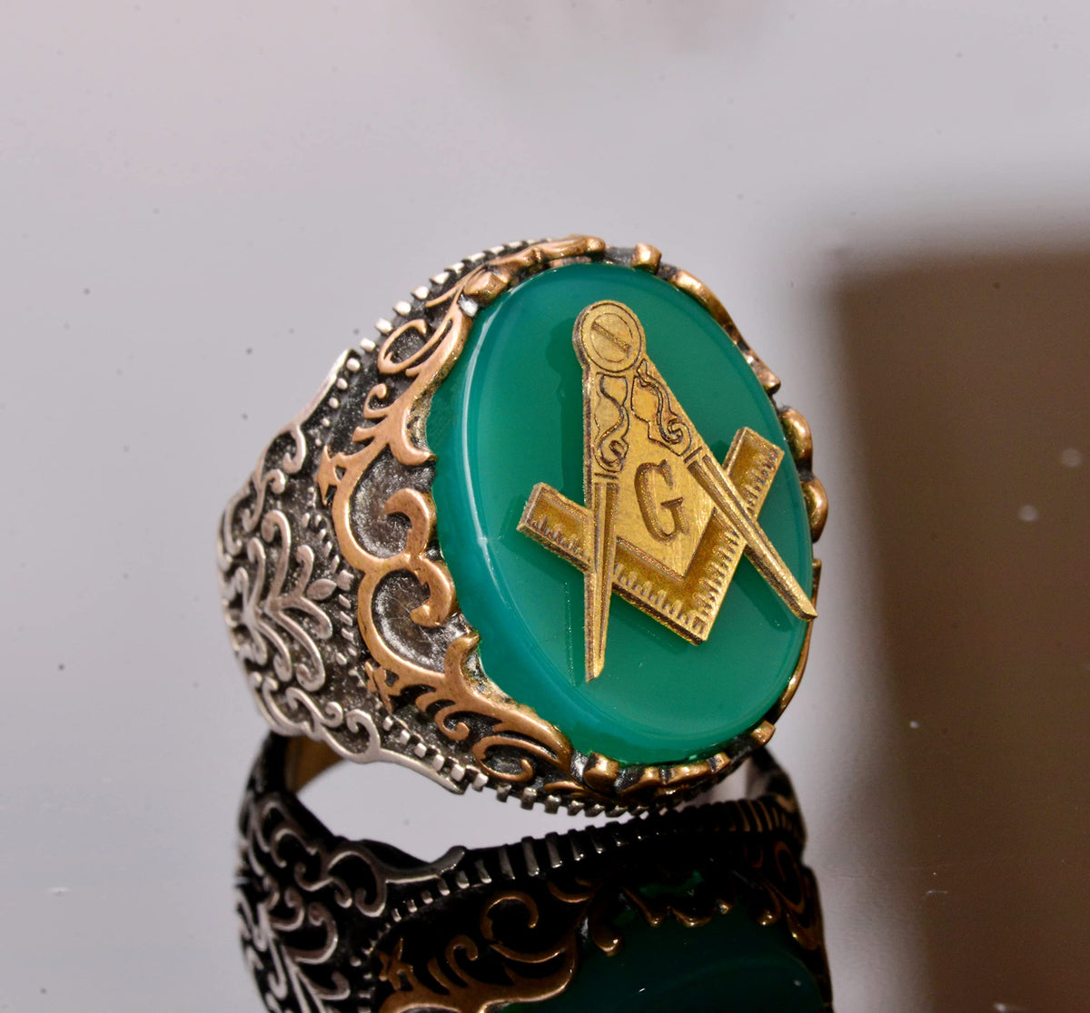925 Sterling Silver Men's Ring - Symbolic Ring - Green Agate Stone Ring (Masonic) — 3