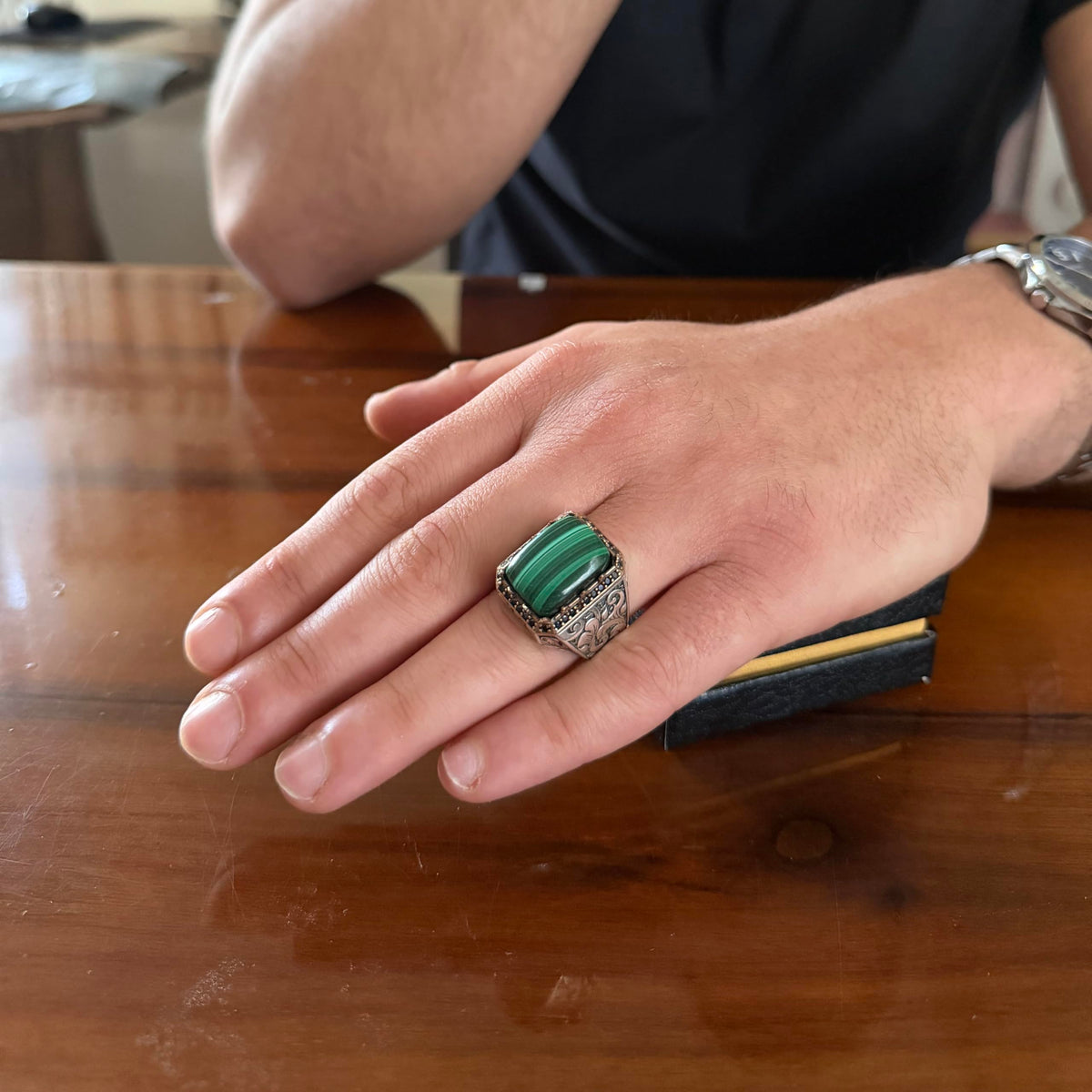 KAMBO Natural Stone Ring for Men 925 Sterling Silver - Rectangular Statement Ring Handmade Jewelry (Malachite) — 3