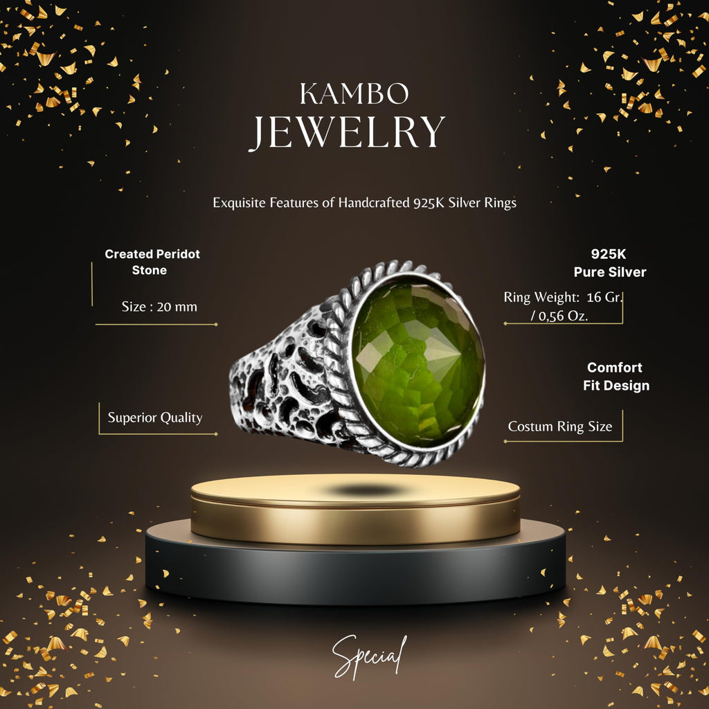 KAMBO Handmade 925 Sterling Silver Men's Peridot Stone Ring Minimalist Vintage Statement Jewelry Elegant Designer Band